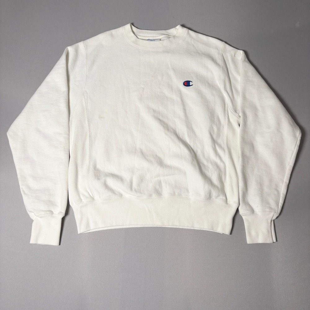 Champion Reverse Weave Sweatshirt White Mens Small GF70 Embroidered C Logo Crew